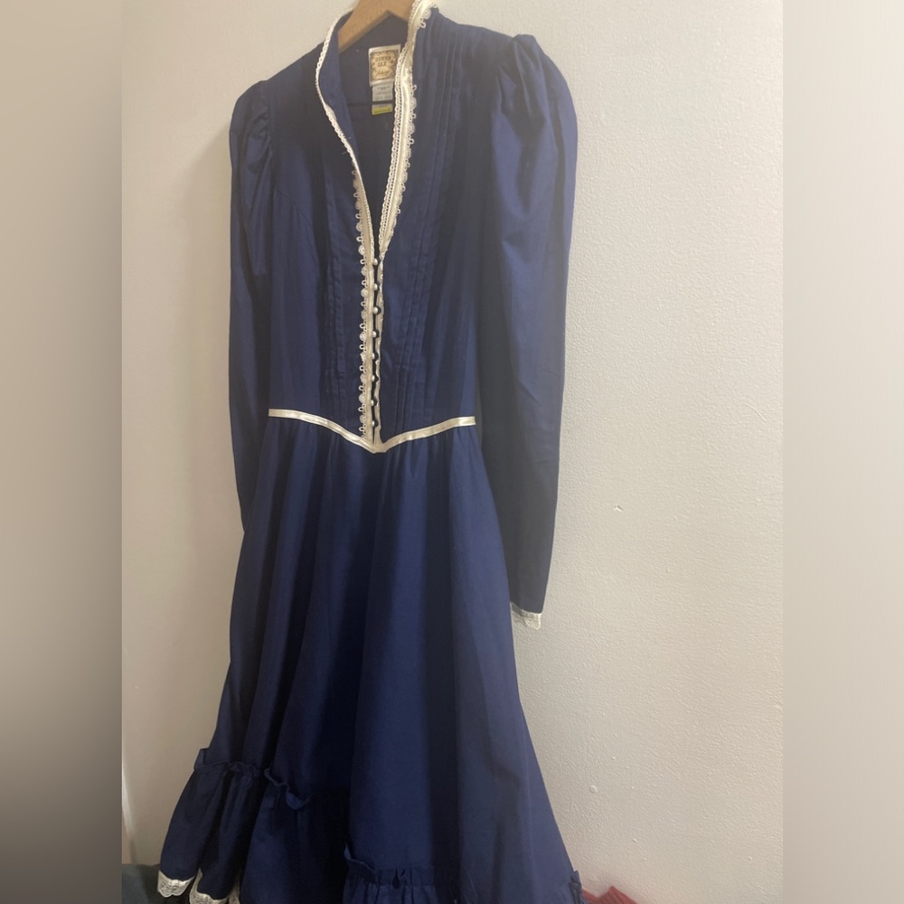 Gunne Sax Boho Prairie Western Long Sleeve Jessica Vtg 70s Ivory Lace Blue Dress - Picture 5 of 7